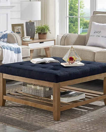 24KF Large Square Upholstered Tufted Linen Ottoman, Large Footrest Ottoman with Solid Wood Shelf- Navy Blue - LeafyLoom
