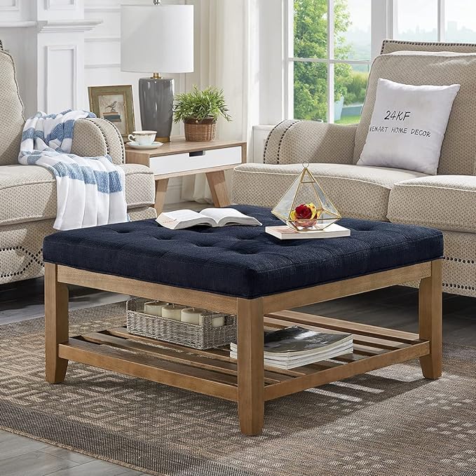 24KF Large Square Upholstered Tufted Linen Ottoman, Large Footrest Ottoman with Solid Wood Shelf- Navy Blue - LeafyLoom