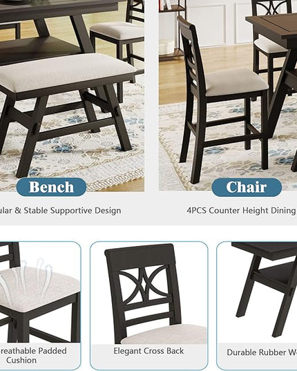 6-Piece Dining Room Table Set, Wood Counter Height Dining Table Set with Storage Shelf, 4 Upholstered Chairs and Bench, Kitchen Table and Chair Set for Dining Room, Espresso+Beige - LeafyLoom