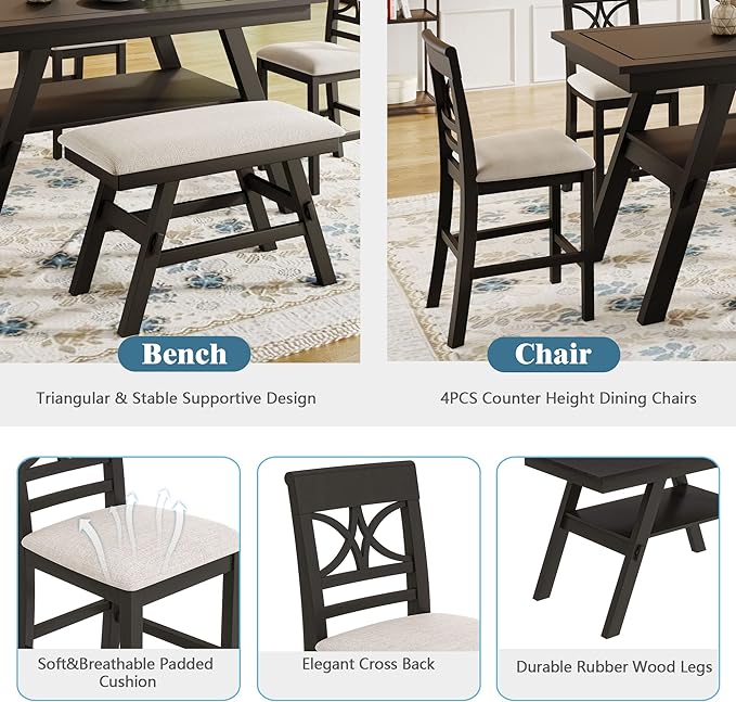 6-Piece Dining Room Table Set, Wood Counter Height Dining Table Set with Storage Shelf, 4 Upholstered Chairs and Bench, Kitchen Table and Chair Set for Dining Room, Espresso+Beige - LeafyLoom