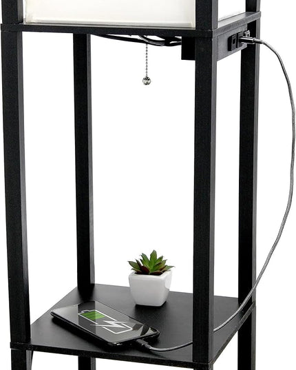 Simple Designs LF1037-BLK Floor Lamp Etagere Organizer Storage Shelf with 2 USB Charging Ports, 1 Charging Outlet and Linen Shade, Black - LeafyLoom