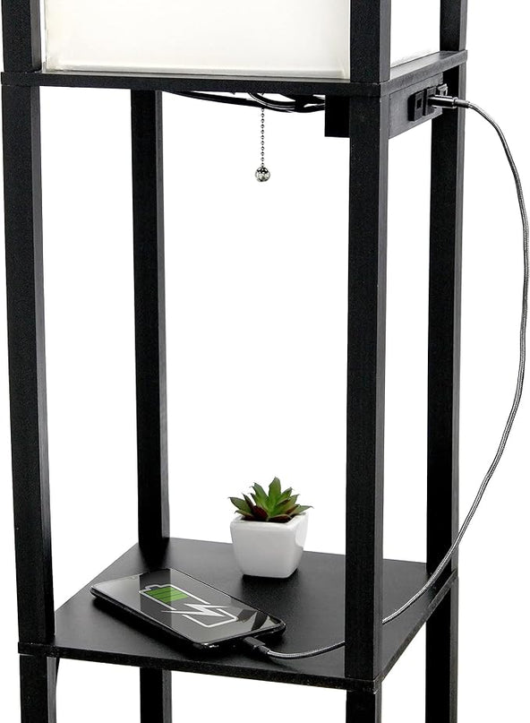 Simple Designs LF1037-BLK Floor Lamp Etagere Organizer Storage Shelf with 2 USB Charging Ports, 1 Charging Outlet and Linen Shade, Black - LeafyLoom