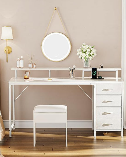 55 Inch Computer Desk with Power Outlets and LED Lights, Gaming Desk with 4 Drawers, Office Desk with Monitor Stand, Study Desk Work Desk for Home Office, White - LeafyLoom