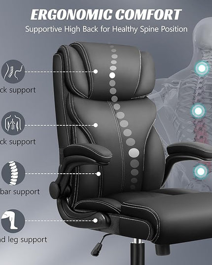 Office Chair, Ergonomic Big and Tall Computer Desk Chairs, Executive Breathable Leather Chair with Adjustable High Back Flip-up Armrests, Lumbar Support Swivel PC Chair with Rocking Function - LeafyLoom