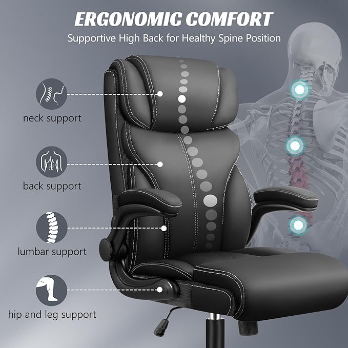 Office Chair, Ergonomic Big and Tall Computer Desk Chairs, Executive Breathable Leather Chair with Adjustable High Back Flip-up Armrests, Lumbar Support Swivel PC Chair with Rocking Function - LeafyLoom