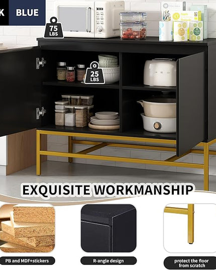 39.4" Minimalist & Luxury Two Door Sideboard with Gold Metal Legs,Freestandin Storage Buffet Cabinet,w/Adjustable Shelves,for Living, Dining Room,Entrance Passage,Black - LeafyLoom