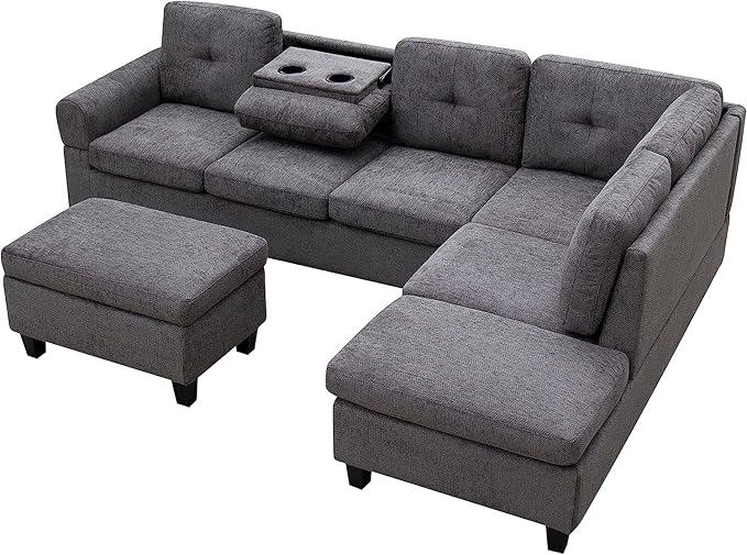 Sectional Couch L Shaped Sofa with Storage Ottoman, Chaise, Living Room Furniture Sets with Cup Holders, Modular Conner Sofa&Couch, Grey Mordern - LeafyLoom