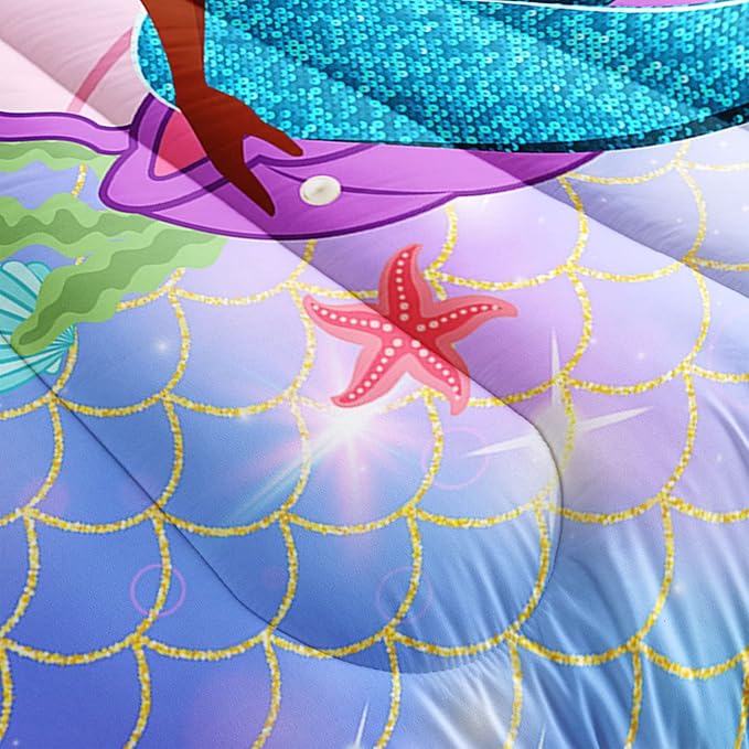 Datura home Bedding Comforter Set Black Girl Magic Mermaid Printed Pattern Quilt with 1 and 2 Pillowcases for Girls Bedroom All Season(Black Blue Queen) Queen 90x90inches - LeafyLoom