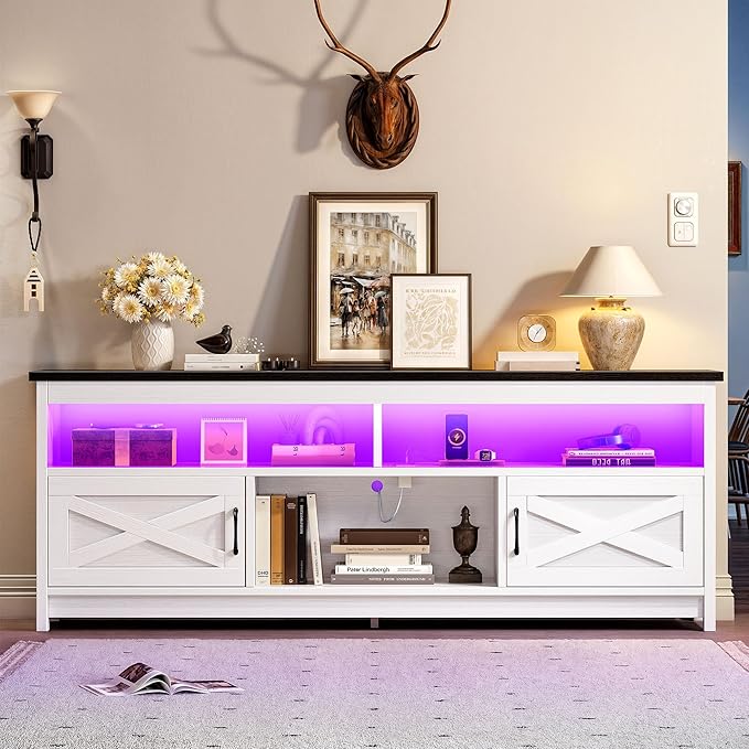 YITAHOME LED TV Stand for 75 65 Inch TV w/Power Outlets, Small Media Console with Storage Cabinets, Farmhouse Entertainment Center Table TV Cabinet for Living Room, 65'' Large TV Stand, Black/White - LeafyLoom