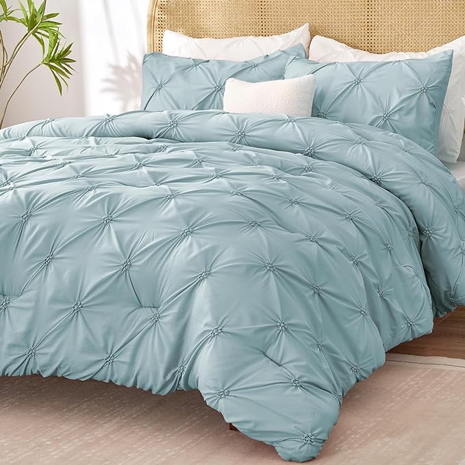 BEDELITE Light Blue Twin Comforter Set for Girls - 2 Peices Boho Pintuck Bedding Comforter Sets, Lightweight Soft & Warm Twin Bedding Sets with 1 Pillowcase for All Season - LeafyLoom
