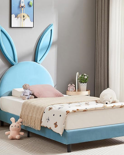 VECELO Kids Twin Bed Frame with Upholstered Headboard, Princess Beds for Girls, 12 Wooden Slats Support, No Boxing Spring Needed - LeafyLoom