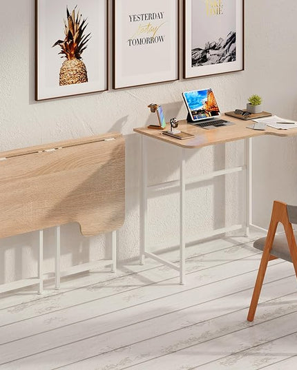 4NM 35.4" Small L Shaped Desk, Folding Computer Desk Home Office Desk, Foldable Bed Desk for Laptop for Small Space Offices - Natural and White - LeafyLoom