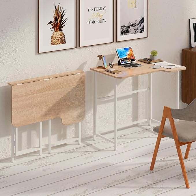 4NM 35.4" Small L Shaped Desk, Folding Computer Desk Home Office Desk, Foldable Bed Desk for Laptop for Small Space Offices - Natural and White - LeafyLoom