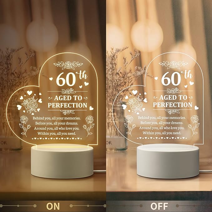 60th Birthday Gifts for Women, 60th Birthday Decorations for Woman -Night Light, 60 Year Old Gifts for Women, Gifts for Women Turning 60, 60th Birthday Gift Ideas - LeafyLoom