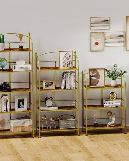 FRAPOW Folding Bookshelf No Assembly, 4 Tier Shelf Gold Collapsible Bookcase, Arched Metal Display Tall Book Shelf with Storage Shelves for Bedroom, Living Room, Home Office - LeafyLoom