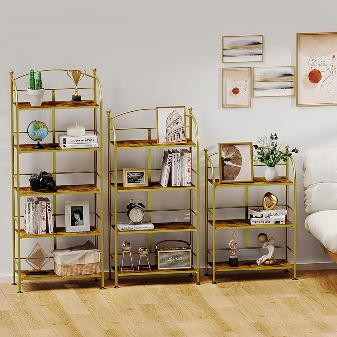 FRAPOW Folding Bookshelf No Assembly, 4 Tier Shelf Gold Collapsible Bookcase, Arched Metal Display Tall Book Shelf with Storage Shelves for Bedroom, Living Room, Home Office - LeafyLoom