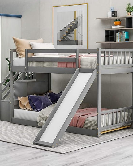 Twin Bunk Bed with Convertible Slide and Stairs, Wooden Low BunkBed Frame for Kids Teens Bedroom, Dorm, Gray - LeafyLoom