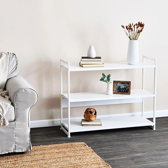 Household Essentials Jamestown Wide 3 Shelf Open Storage Bookshelf Scandinavian White and White Metal - LeafyLoom