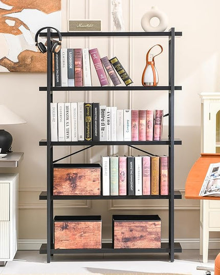 HCHQHS Bookshelf, 5-Tier Industrial Bookcase, Black Open Book Shelf, Freestanding Tall Bookshelves with Metal Frame - LeafyLoom