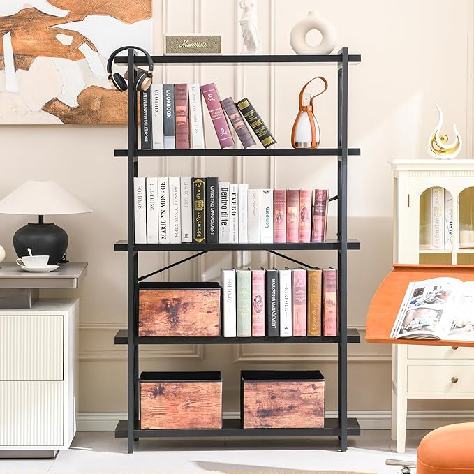 HCHQHS Bookshelf, 5-Tier Industrial Bookcase, Black Open Book Shelf, Freestanding Tall Bookshelves with Metal Frame - LeafyLoom