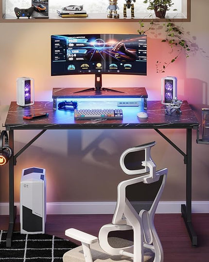 Bestier Small Gaming Desk with Monitor Stand, 42 inch LED Computer Desk, Gamer Workstation with Cup Holder & Headset Hooks, Modern Simple Style Desk for Home Office, Black Marble - LeafyLoom