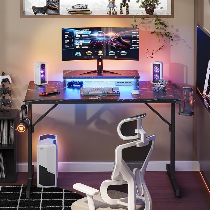 Bestier Small Gaming Desk with Monitor Stand, 42 inch LED Computer Desk, Gamer Workstation with Cup Holder & Headset Hooks, Modern Simple Style Desk for Home Office, Black Marble - LeafyLoom