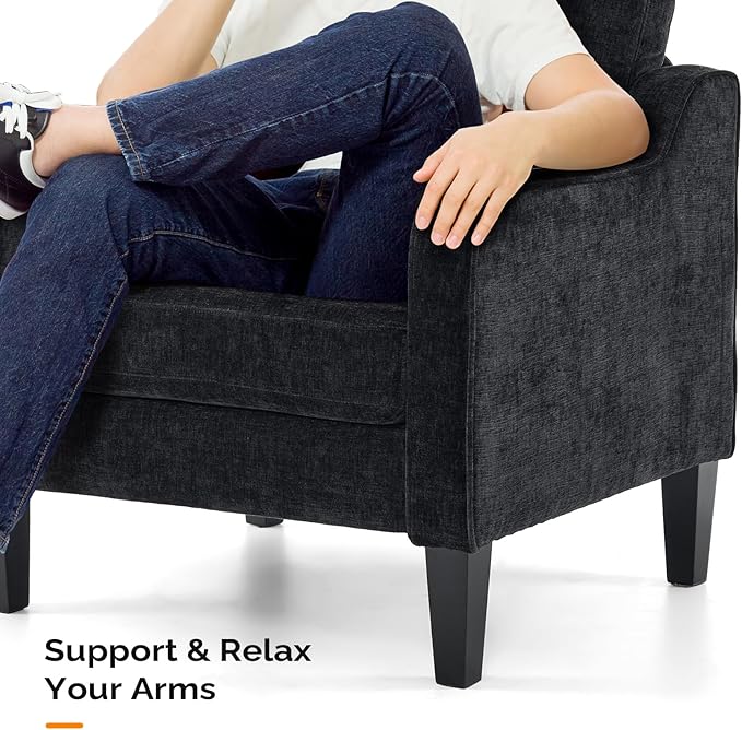 VINGLI Living Room Chairs Set of 2, Black Accent Chair 5.5" Thick Seat Cushion Comfy Chair Soft Chenille Side Chair Upholstered Arm Chair for Bedroom, Play Room, Apartment, Office (Black) - LeafyLoom