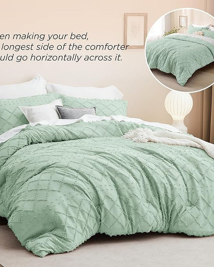 Bedsure King Size Comforter Set - Green Boho Comforter, Tufted Shabby Chic Bedding Comforter Set, 3 Pieces Vintage Farmhouse Bed Set for All Seasons, Fluffy Soft Bedding Set with 2 Pillow Shams - LeafyLoom