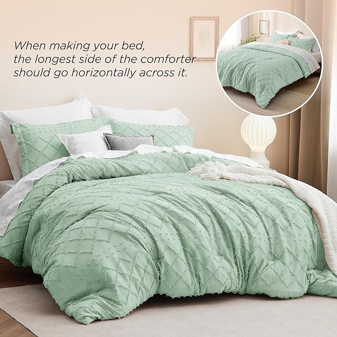 Bedsure King Size Comforter Set - Green Boho Comforter, Tufted Shabby Chic Bedding Comforter Set, 3 Pieces Vintage Farmhouse Bed Set for All Seasons, Fluffy Soft Bedding Set with 2 Pillow Shams - LeafyLoom