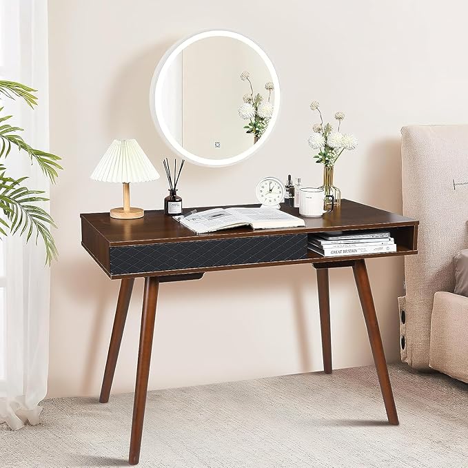 GAOMON Modern Home Office Writing Desk, 42 Inch Computer Table Desk with Drawers, Simple Mid Century Modern Desk, Walnut - LeafyLoom