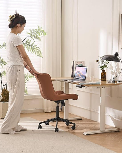 YOUNIKE Pink Office Chair Armless, PU Leather Computer Task Chair, Cute Swivel Adjustable Home Desk Chair, Small Vanity Chiar with Wheels Mid Backrest 300LBS - LeafyLoom