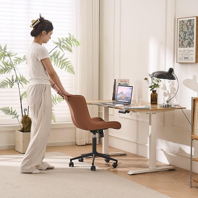 YOUNIKE Pink Office Chair Armless, PU Leather Computer Task Chair, Cute Swivel Adjustable Home Desk Chair, Small Vanity Chiar with Wheels Mid Backrest 300LBS - LeafyLoom