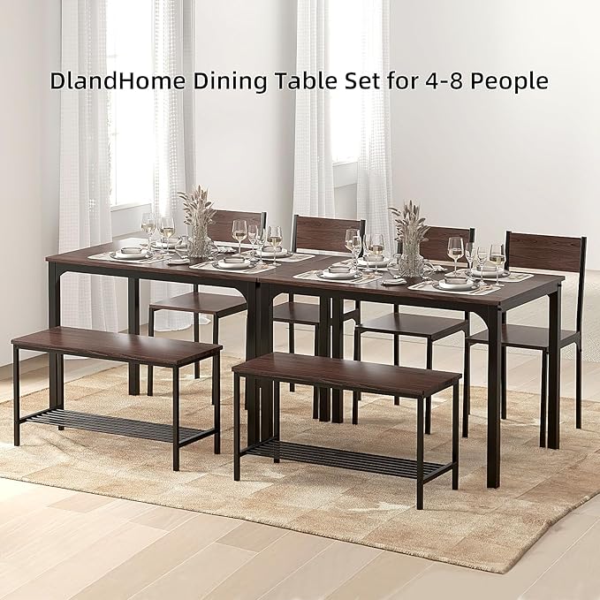 DlandHome 4 Person Dining Table Set, Dining Table with 2 Chairs and 1 Bench,Rectangular Space-Saving Dinner Table with Two Benches for Kitchen,Rustic Oak - LeafyLoom