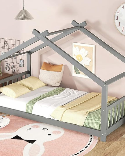 Kids Montessori Floor Bed Twin Size, Twin Floor Bed Frame with Headboard, Footboard and Slats, Wood Montessori Bed Twin Size/House Floor Bed for Kids, Girls, Boys, Gray Floor Bed - LeafyLoom