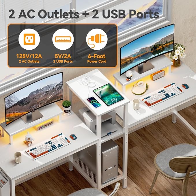 Furologee Charging Station for White 2 Penson Desk with LED Lights and Monitor Stand - LeafyLoom