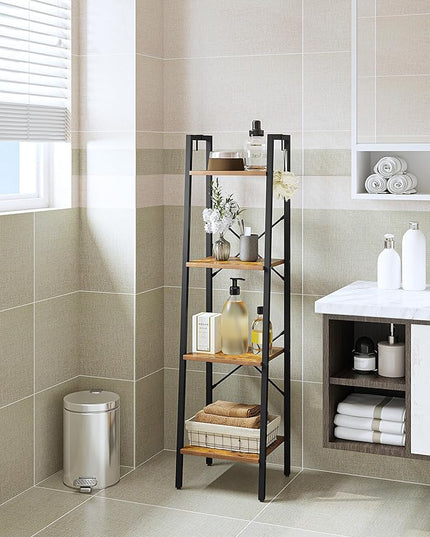 Ladder Shelf, Bookshelf Bookcase, Freestanding Corner Storage Shelve with 2 Hooks for Home Office, Living Room, Kitchen, Bedroom, Industrial, 4-Tier Rustic Brown BC13201B - LeafyLoom