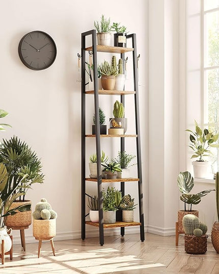 YMYNY 5 Tiers Ladder Bookcase, Industrial Narrow Bookshelf, Open Display Rack with 4 S Hooks, Metal Storage Shelves for Bedroom, Home Office, Living Room, Rustic Brown, 63H*13.4L*11.8W, UHBC025H - LeafyLoom