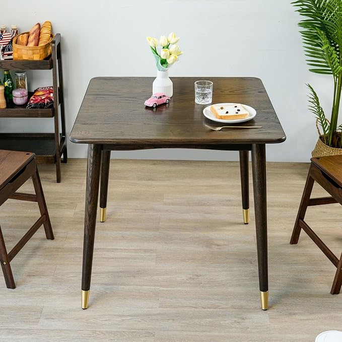 Dining Table 31.5“, Square Small Solid Wood Kitchen Table with Copper Decor for 2, Mid Century Modern Kitchen Dining Table, Oak Finish, Walnut, 31.5 x 31.5 x 29.5 Inch, Walnut - LeafyLoom