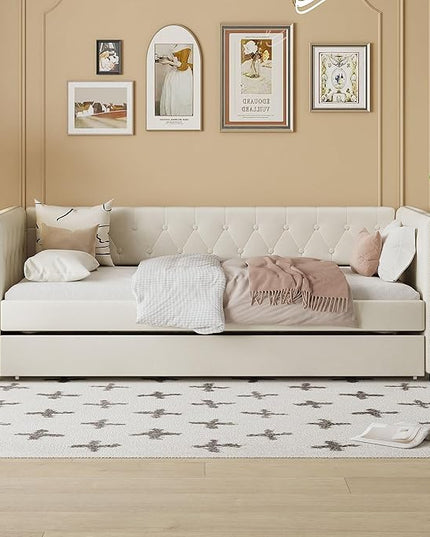 Twin Size Tufted Upholstered Daybed with Trundle, Solid Wood Velvet Bed with Rivet Design, No Box-spring Needed, for Living Room, Bedroom, Dorm, Space-Saving Design - LeafyLoom