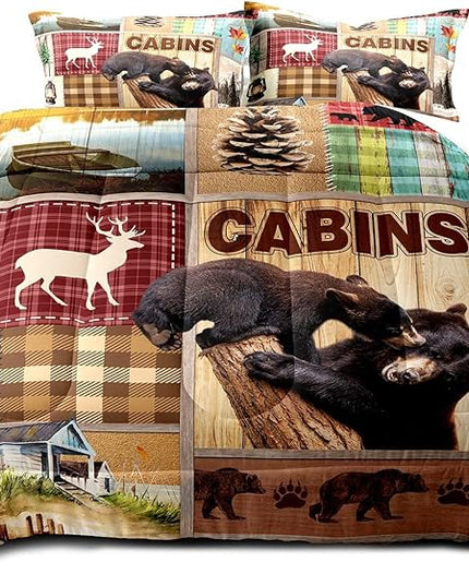 LUVIVIHOME 3PCS Rustic Cabin Comforter Set Queen Size, Bear Bedding Sets, Elk Deer Forest Woodland Animals Wildlife Hunting Country Farmhouse Red Buffalo Plaid Lodge Patchwork Quilt, 2 Pillow Shams - LeafyLoom