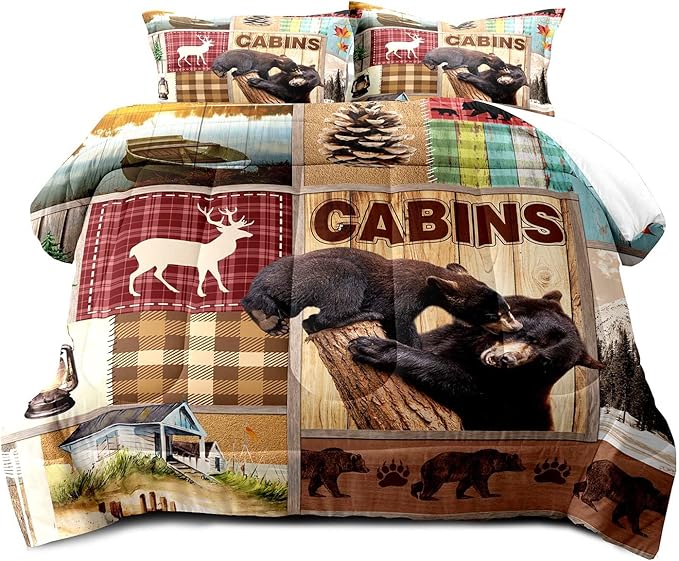 LUVIVIHOME 3PCS Rustic Cabin Comforter Set Queen Size, Bear Bedding Sets, Elk Deer Forest Woodland Animals Wildlife Hunting Country Farmhouse Red Buffalo Plaid Lodge Patchwork Quilt, 2 Pillow Shams - LeafyLoom