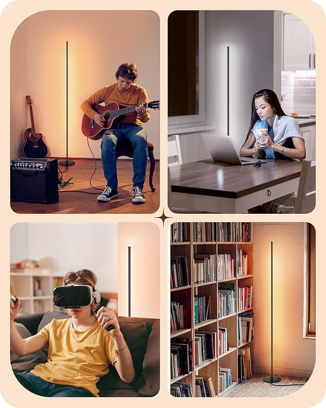 EDISHINE Minimalist LED Corner Floor Lamp with Remote, Set of 2 Modern Dimmable Mood Light, 57.5" Standing Tall Lamp for Living Room, Bedroome, 7 Color Temperature 2700-6000K (Black) - LeafyLoom