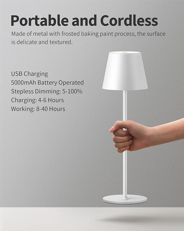 Cordless Rechargeable Table Lamp Set of 2, 5000mAh Battery Powered LED Desk Lamp, 3 Color Stepless Dimming Up, Portable Table Light Lamp for Bedroom Restaurant Outdoor (White) - LeafyLoom