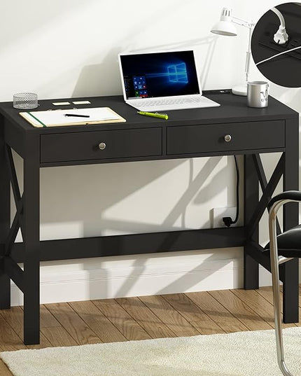 ChooChoo Computer Desk with USB Charging Ports and Power Outlets, 39" Black Desk with Drawers, Small Study Writing Table with Stable X Frame for Home Office - LeafyLoom