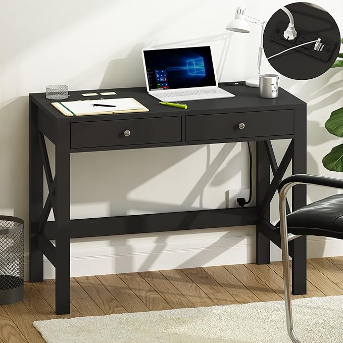 ChooChoo Computer Desk with USB Charging Ports and Power Outlets, 39" Black Desk with Drawers, Small Study Writing Table with Stable X Frame for Home Office - LeafyLoom