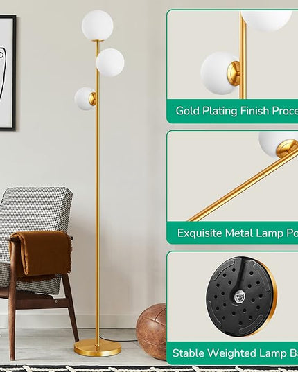 EDISHINE 69in Gold Modern Floor Lamp for Living Room, Upgraded Dimmable 3 Globe Mid Century Standing Lamps, Built-in LED, Frosted Glass Shade, Luna Tall Pole Lamp for Bedroom, Hotel -Antique Brass - LeafyLoom