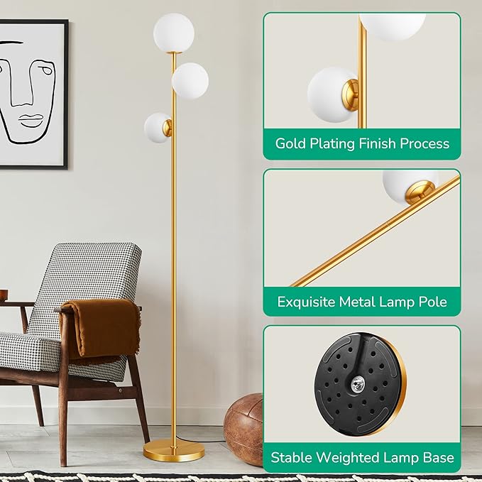 EDISHINE 69in Gold Modern Floor Lamp for Living Room, Upgraded Dimmable 3 Globe Mid Century Standing Lamps, Built-in LED, Frosted Glass Shade, Luna Tall Pole Lamp for Bedroom, Hotel -Antique Brass - LeafyLoom