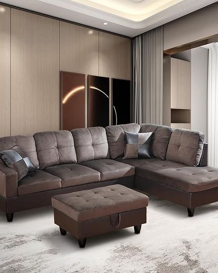 ROOMTEC 3 Piece L Shaped Sectional Sofa Set with Storage Ottoman, Right Facing Chaise Longue, Reversible Backrest w/ 2 Cup Holders, Flannel Tufted Cushions, for Living Room, Dark Brown - LeafyLoom