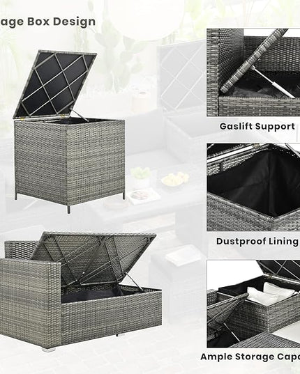 Outdoor Furniture 6-Piece Patio Sofa Set, All Weather PE Rattan Sectional Couch with Tempered Glass Dining Table, Adjustable Seat, Storage Box&Removable Covers, for Garden Backyard, 1, Beige - LeafyLoom