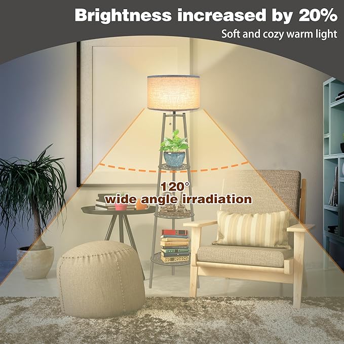 Floor Lamp with Shelves for Living Room， Standing Lamp，Tall Lamp， Amparas Elegantes Para Sala with Linen Shade，Modern Floor Lamp for Living Room，Bedroom or Office（Black Floor Lamp） - LeafyLoom